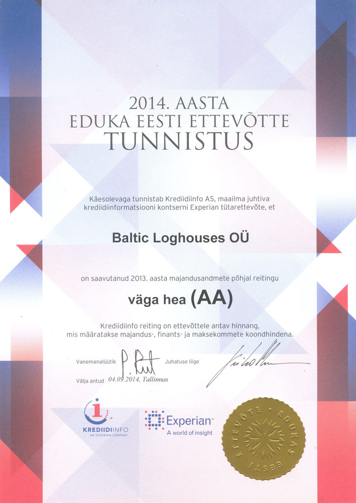 Baltic Log Houses certificate strongest in Estonia 2014