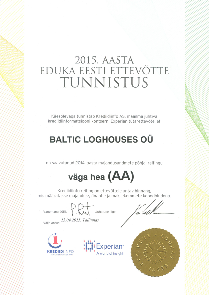 Baltic Log Houses certificate strongest in Estonia 2015