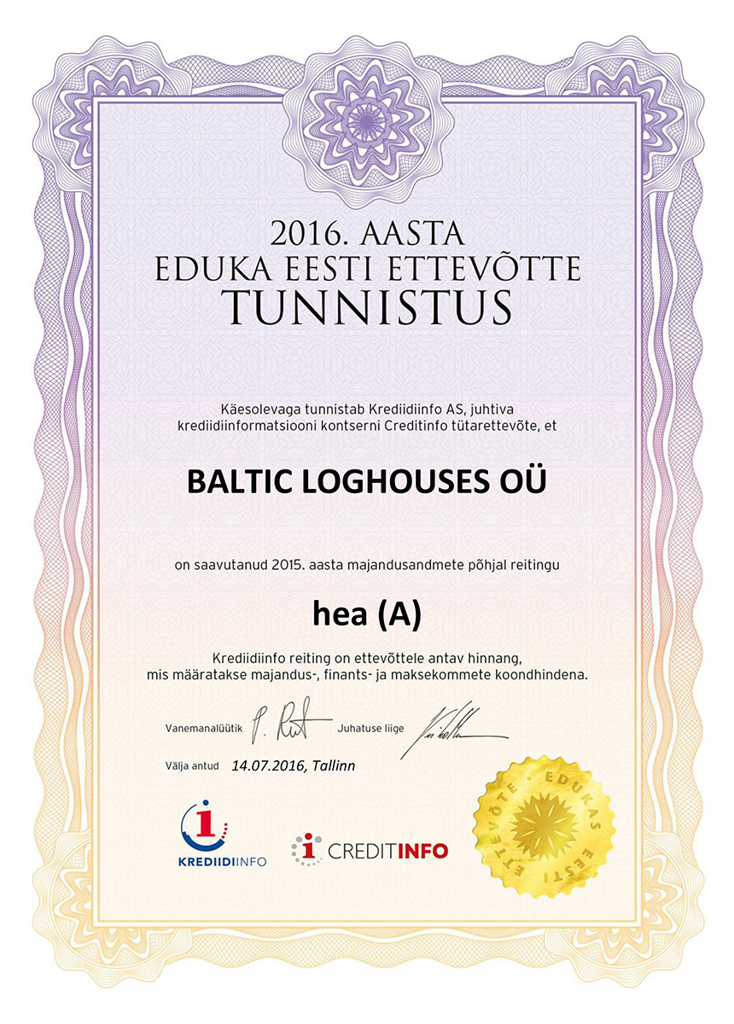 Baltic Log Houses certificate strongest in Estonia 2016v