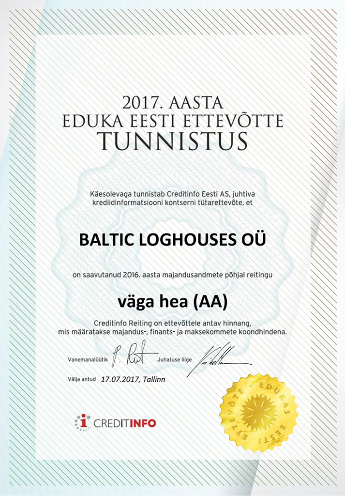 Baltic Log Houses certificate strongest in Estonia 2017