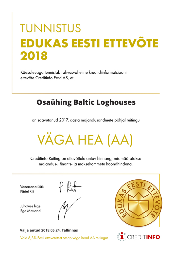 Baltic Log Houses certificate strongest in Estonia 2018