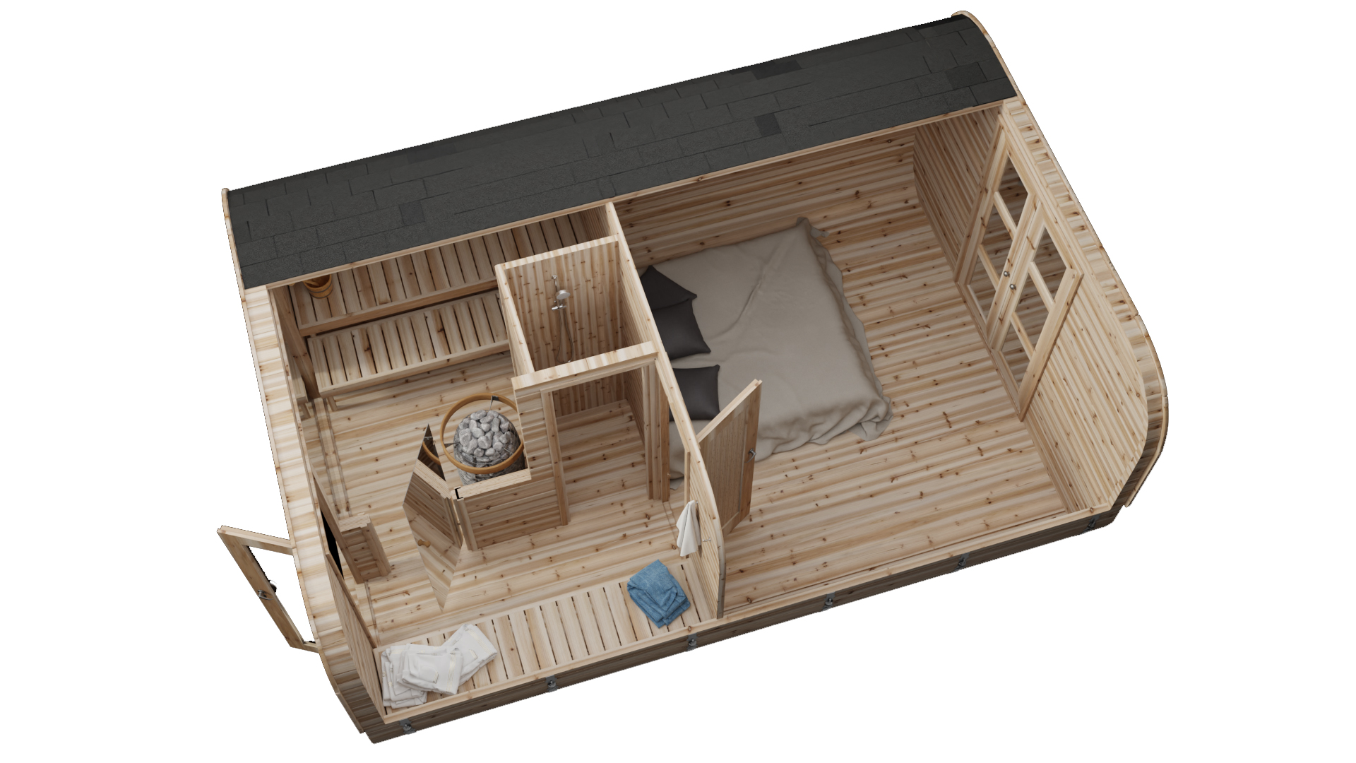 cube ovaalne puidust teisaldatav saunamaja 3,5x5m kuusematerjalist